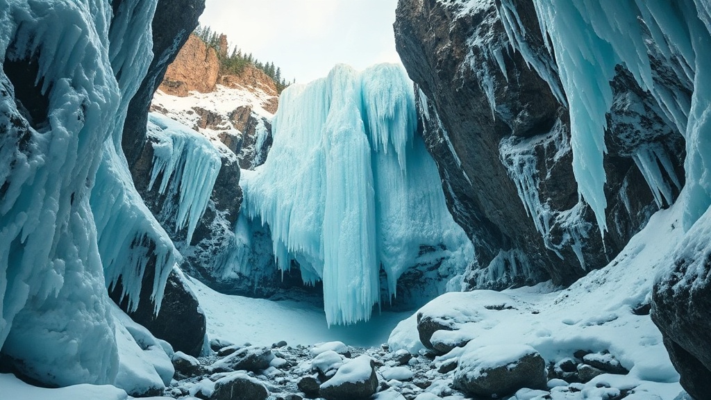 Towering frozen blue waterfall ice formation